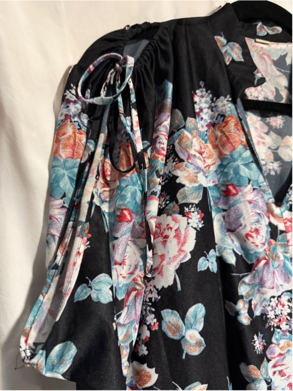 70s Black Floral Pleated Tea Length Dress - Picture 6 of 6